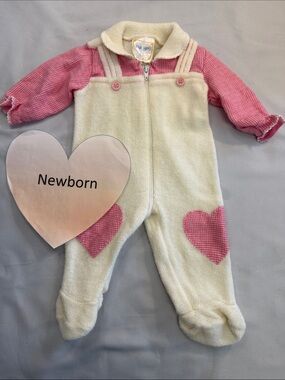 Vintage Cream and Pink Heart Fleece Footie One-Piece for Newborns